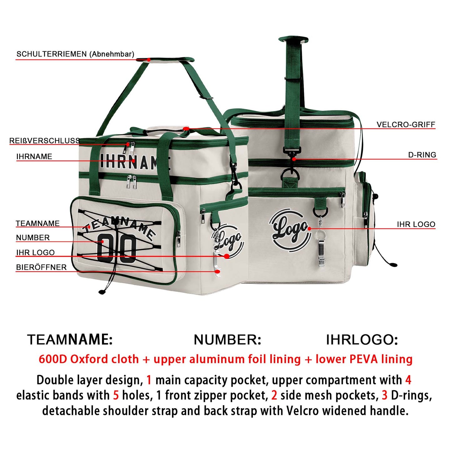 Maßgeschickerte Grau Grün vollflächig bedruckte isolierte Kühltasche mit Doppelwand Wasserdichte 600D Oxford Picknick-Tragetasche für Teamevents & Outdoor-Grillen