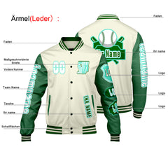Maßgeschneiderte Weiß Grün Letterman Varsity Jacket Individuelle Stickerei  Druck nach Ihrem Wunsch
