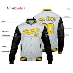 Maßgeschneiderte Hellgrau Schwarz Letterman Varsity Jacket Individuelle Stickerei Druck nach Ihrem Wunsch
