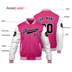 Maßgeschneiderte Rosa Weiß Letterman Varsity Jacket Individuelle Stickerei Druck nach Ihrem Wunsch