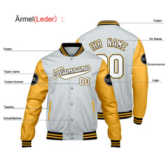 Maßgeschneiderte Hellgrau Gelb Letterman Varsity Jacket Individuelle Stickerei Druck nach Ihrem Wunsch