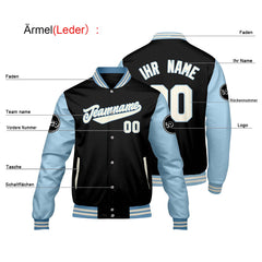 Maßgeschneiderte Schwarz Hellblau Letterman Varsity Jacket Individuelle Stickerei Druck nach Ihrem Wunsch