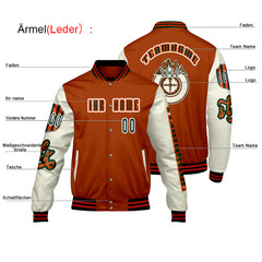 Maßgeschneiderte Orange Weiß Letterman Varsity Jacket Individuelle Stickerei Druck nach Ihrem Wunsch