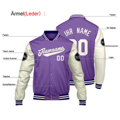 Maßgeschneiderte Lila Creme Weiß Letterman Varsity Jacket Individuelle Stickerei Druck nach Ihrem Wunsch