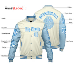Maßgeschneiderte Weiß Blau Letterman Varsity Jacket Individuelle Stickerei Druck nach Ihrem Wunsch