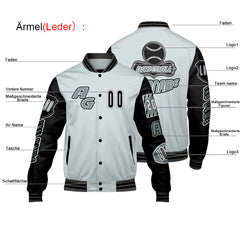 Maßgeschneiderte Grau Schwarz Letterman Varsity Jacket Individuelle Stickerei Druck nach Ihrem Wunsch