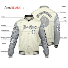 Maßgeschneiderte Weiß Grau Letterman Varsity Jacket Individuelle Stickerei Druck nach Ihrem Wunsch