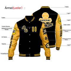 Maßgeschneiderte Schwarz Gelb Letterman Varsity Jacket Individuelle Stickerei Druck nach Ihrem Wunsch