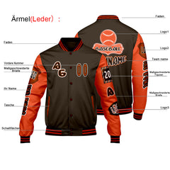 Maßgeschneiderte Braun Orange Letterman Varsity Jacket Individuelle Stickerei Druck nach Ihrem Wunsch