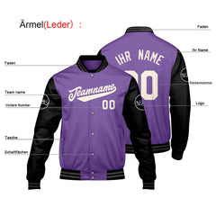 Maßgeschneiderte Lila Schwarz Letterman Varsity Jacket Individuelle Stickerei Druck nach Ihrem Wunsch