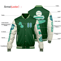 Maßgeschneiderte Grün Weiß Letterman Varsity Jacket Individuelle Stickerei Druck nach Ihrem Wunsch