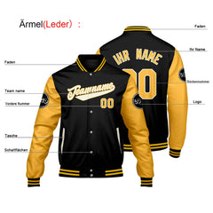 Maßgeschneiderte Schwarz Gelb Letterman Varsity Jacket Individuelle Stickerei Druck nach Ihrem Wunsch