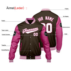Maßgeschneiderte Braun Rosa Letterman Varsity Jacket Individuelle Stickerei Druck nach Ihrem Wunsch