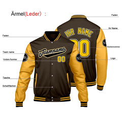 Maßgeschneiderte Braun Gelb Letterman Varsity Jacket Individuelle Stickerei Druck nach Ihrem Wunsch