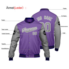 Maßgeschneiderte Lila Hellgrau Letterman Varsity Jacket Individuelle Stickerei Druck nach Ihrem Wunsch