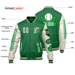 Maßgeschneiderte Grün Weiß Letterman Varsity Jacket Individuelle Stickerei Druck nach Ihrem Wunsch