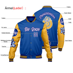Maßgeschneiderte Blau Gelb Letterman Varsity Jacket Individuelle Stickerei Druck nach Ihrem Wunsch