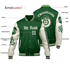 Maßgeschneiderte Grün Weiß Letterman Varsity Jacket Individuelle Stickerei Druck nach Ihrem Wunsch