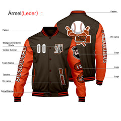 Maßgeschneiderte Braun Orange Letterman Varsity Jacket Individuelle Stickerei Druck nach Ihrem Wunsch
