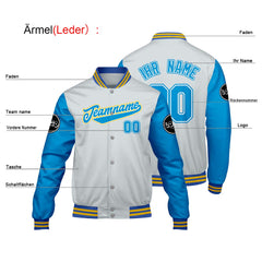 Maßgeschneiderte Grau Blue Letterman Varsity Jacket Individuelle Stickerei Druck nach Ihrem Wunsch