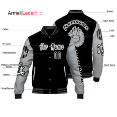 Maßgeschneiderte Schwarz Grau Letterman Varsity Jacket Individuelle Stickerei Druck nach Ihrem Wunsch