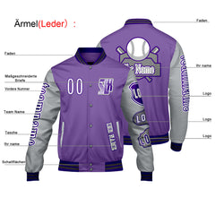 Maßgeschneiderte Lila Grau Letterman Varsity Jacket Individuelle Stickerei Druck nach Ihrem Wunsch