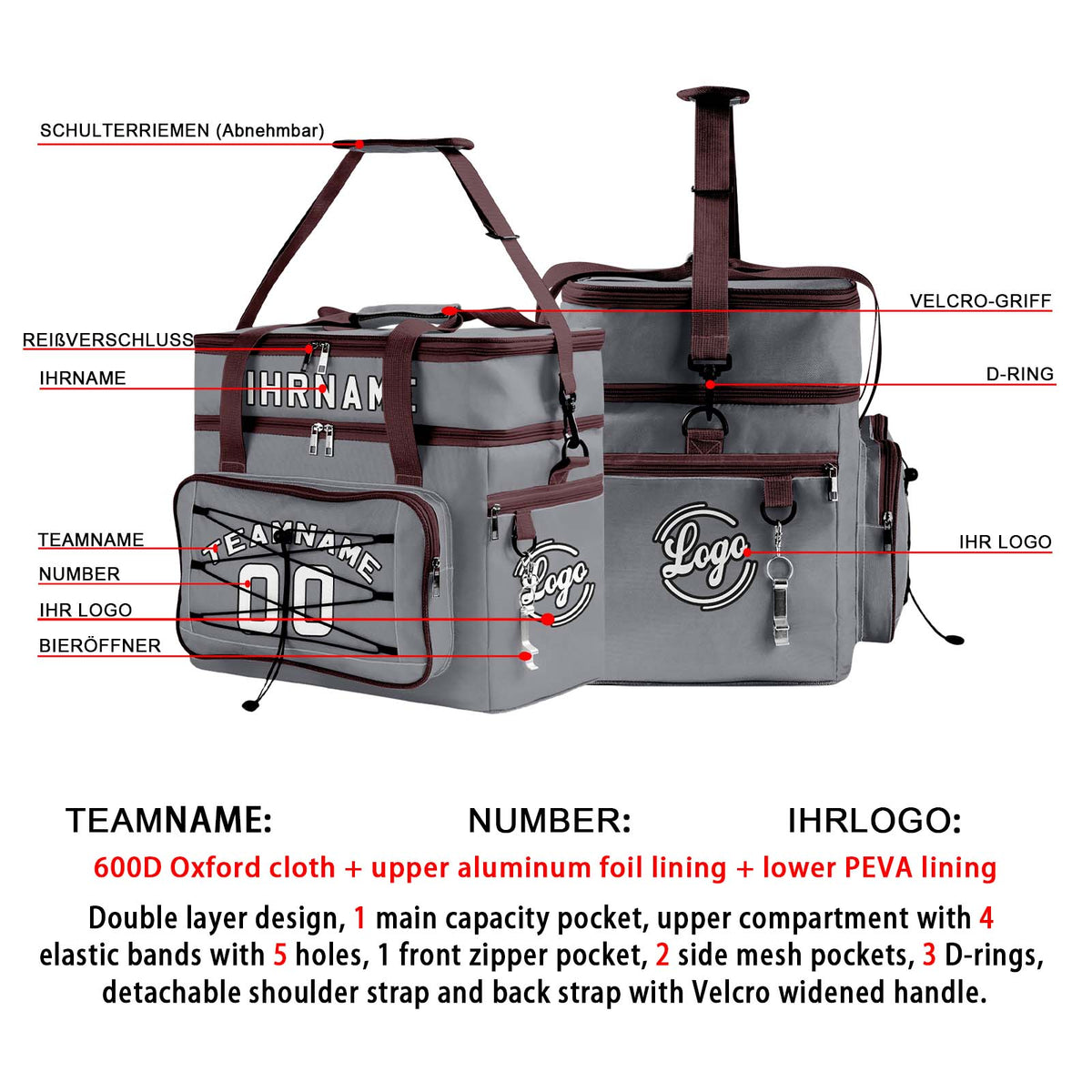 Maßgeschickerte Grau Braun vollflächig bedruckte isolierte Kühltasche mit Doppelwand Wasserdichte 600D Oxford Picknick-Tragetasche für Teamevents & Outdoor-Grillen