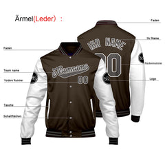 Maßgeschneiderte Braun Weiß Letterman Varsity Jacket Individuelle Stickerei Druck nach Ihrem Wunsch