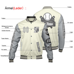 Maßgeschneiderte Weiß Grau Letterman Varsity Jacket Individuelle Stickerei  Druck nach Ihrem Wunsch