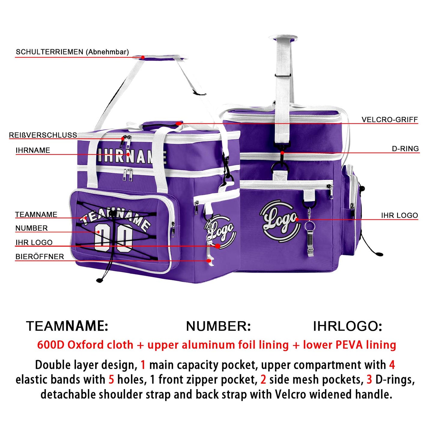 Maßgeschickerte Lila Weiß vollflächig bedruckte isolierte Kühltasche mit Doppelwand Wasserdichte 600D Oxford Picknick-Tragetasche für Teamevents & Outdoor-Grillen