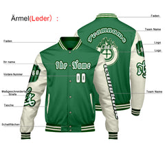 Maßgeschneiderte Grün Weiß Letterman Varsity Jacket Individuelle Stickerei Druck nach Ihrem Wunsch