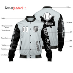 Maßgeschneiderte Grau Schwarz Letterman Varsity Jacket Individuelle Stickerei Druck nach Ihrem Wunsch