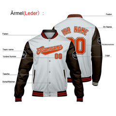 Maßgeschneiderte Hellgrau Braun Letterman Varsity Jacket Individuelle Stickerei Druck nach Ihrem Wunsch
