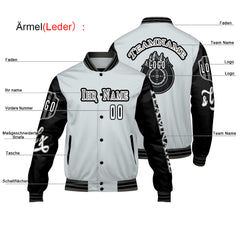 Maßgeschneiderte Grau Schwarz Letterman Varsity Jacket Individuelle Stickerei Druck nach Ihrem Wunsch