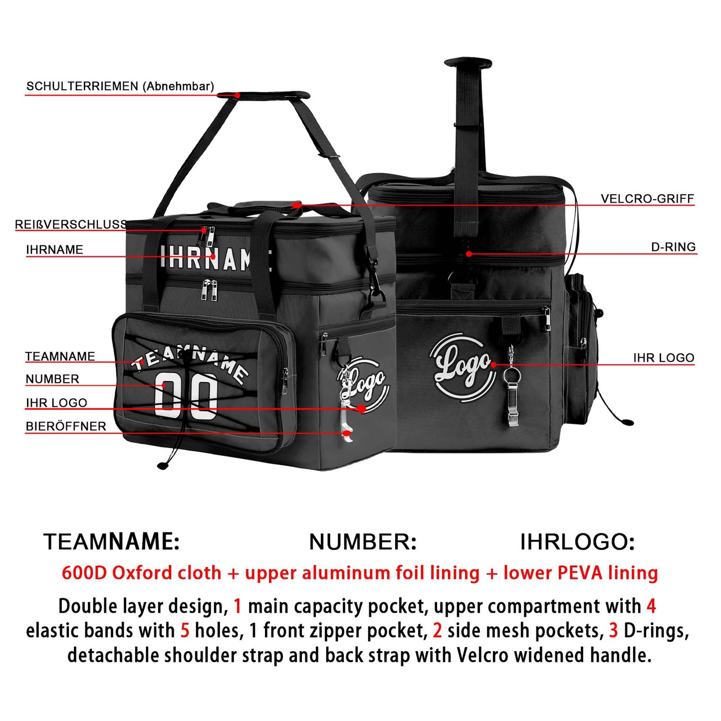 Maßgeschickerte Grau Schwarz vollflächig bedruckte isolierte Kühltasche mit Doppelwand Wasserdichte 600D Oxford Picknick-Tragetasche für Teamevents & Outdoor-Grillen