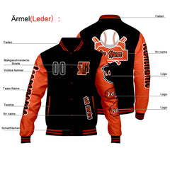 Maßgeschneiderte Schwarz Orange Letterman Varsity Jacket Individuelle Stickerei  Druck nach Ihrem Wunsch