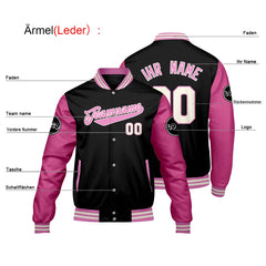 Maßgeschneiderte Schwarz Rosa Letterman Varsity Jacket Individuelle Stickerei Druck nach Ihrem Wunsch