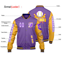 Maßgeschneiderte Lila Gelb Letterman Varsity Jacket Individuelle Stickerei  Druck nach Ihrem Wunsch
