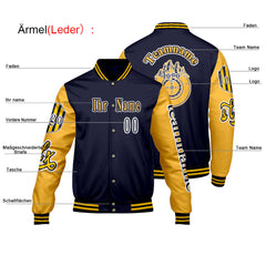 Maßgeschneiderte Marine Gelb Letterman Varsity Jacket Individuelle Stickerei Druck nach Ihrem Wunsch