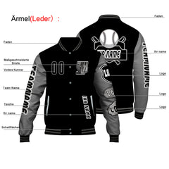 Maßgeschneiderte Schwarz Grau Letterman Varsity Jacket Individuelle Stickerei  Druck nach Ihrem Wunsch