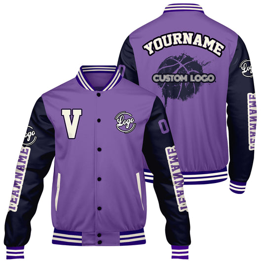 Maßgeschneiderte Lila Marine Letterman Varsity Jacket Individuelle Stickerei Druck nach Ihrem Wunsch