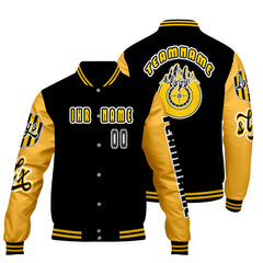 Maßgeschneiderte Schwarz Gelb Letterman Varsity Jacket Individuelle Stickerei Druck nach Ihrem Wunsch