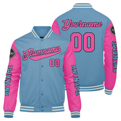 Maßgeschneiderte Hellblau Rosa Letterman Varsity Jacket Individuelle Stickerei Druck nach Ihrem Wunsch