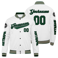 Maßgeschneiderte Dunkelgrün Weiß Creme Letterman Varsity Jacket Individuelle Stickerei Druck nach Ihrem Wunsch
