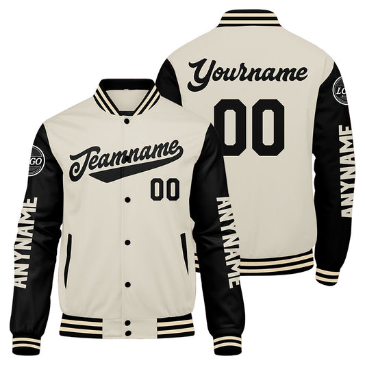 Maßgeschneiderte Schwarz Creme Letterman Varsity Jacket Individuelle Stickerei Druck nach Ihrem Wunsch