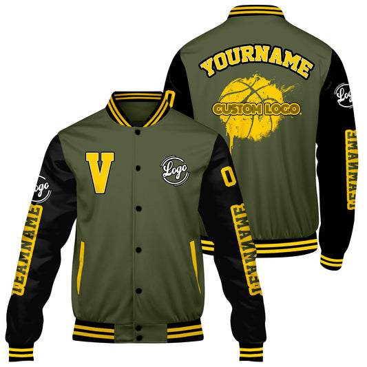 Maßgeschneiderte Olivengrün Schwarz Letterman Varsity Jacket Individuelle Stickerei Druck nach Ihrem Wunsch