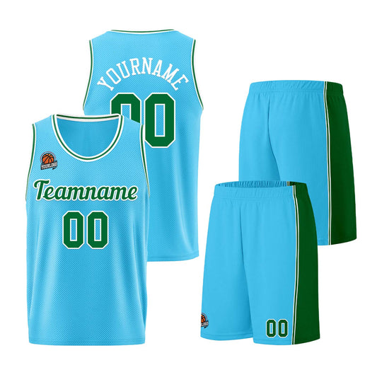 Individuelle Hellblau Grün Basketball Jersey Shorts für Männer und Frauen Gestickter und gedruckter Name, Nummer und Logo