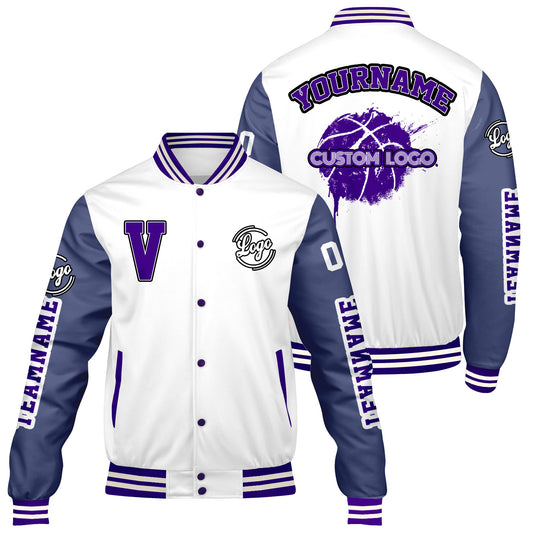 Maßgeschneiderte Weiß Lila Letterman Varsity Jacket Individuelle Stickerei Druck nach Ihrem Wunsch