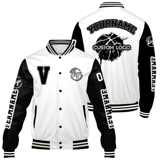 Maßgeschneiderte Weiß Schwarz Letterman Varsity Jacket Individuelle Stickerei Druck nach Ihrem Wunsch