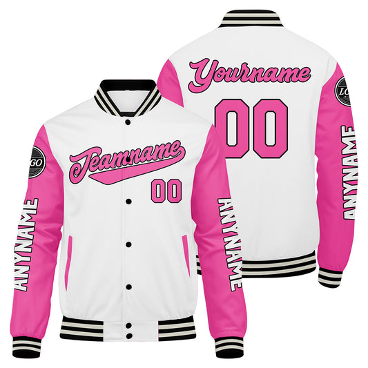 Maßgeschneiderte Weiß Rosa Letterman Varsity Jacket Individuelle Stickerei Druck nach Ihrem Wunsch
